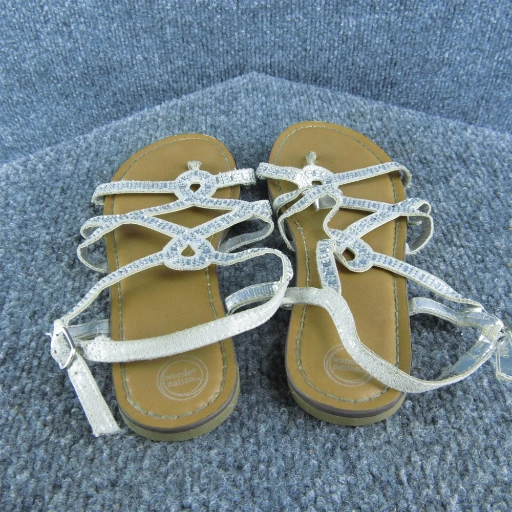 Wonder‎ Nation Youth Girls Strappy Shoes Size 1 Medium Silver Synthetic Buckle